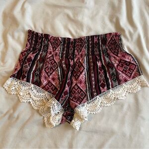 Forever 21 Pink and Black Patterned Micro Mini Shorts with Cream Lace